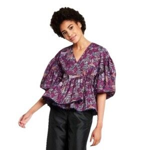 Kika Vargas x Target Wrap Top Romantic XL Floral Scalloped Edge Puff Sleeves New